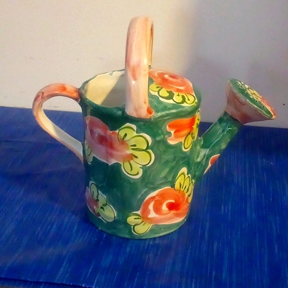 Ceramic watering can green with pink flowers - Picture 3 of 7